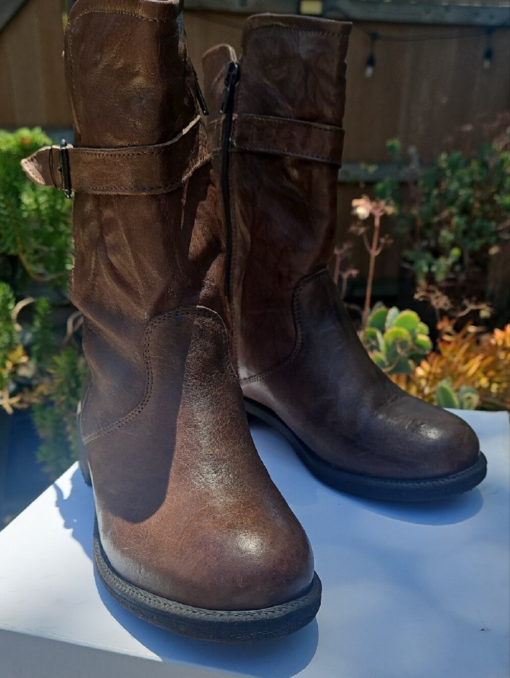 Sundance Medium Brown Leather Mid-Calf Buckle Boots
